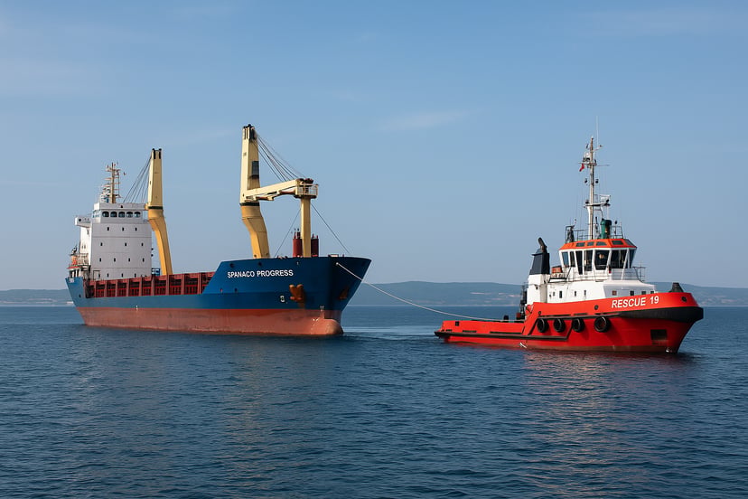 A cargo ship being towed by a tug rescue boat