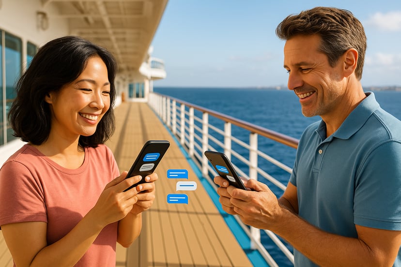 Two passengers on a cruise ship looking at messages on their phones