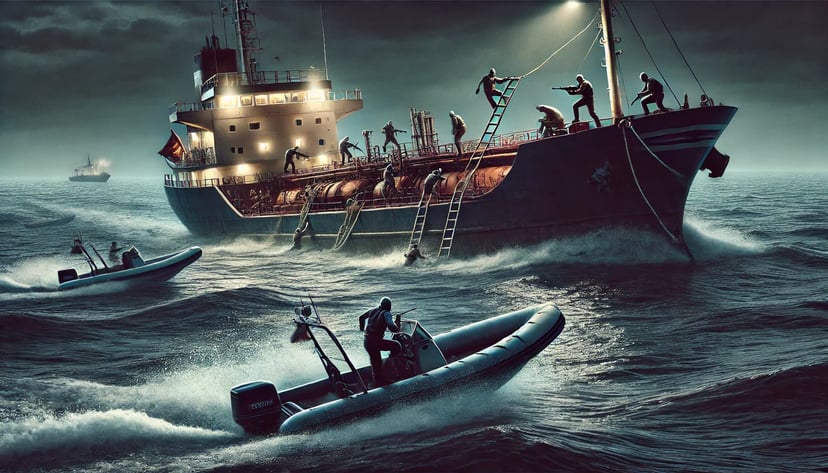 Pirates boarding a small tanker at night
