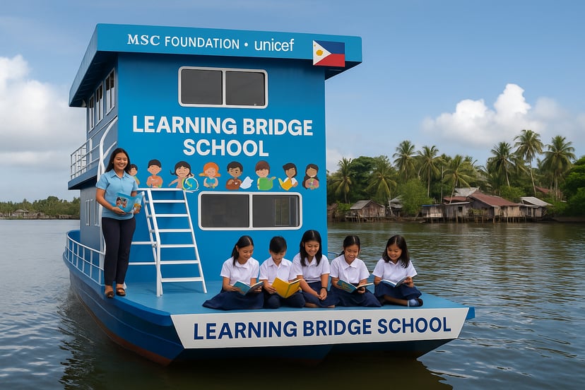 A floating school in the Philippines with a teacher and pupils on deck