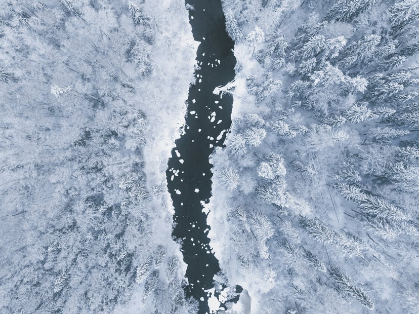An aerial view of snow and ice at sea