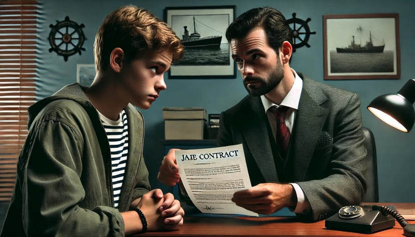 a menacing looking maritime recruiter handing a young worried looking seafarer a job contract