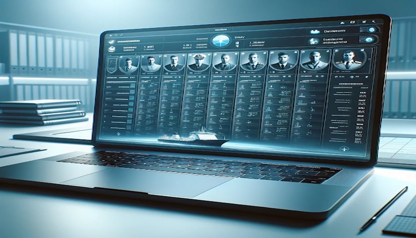 a seafarer database showing profiles of crew on a laptop