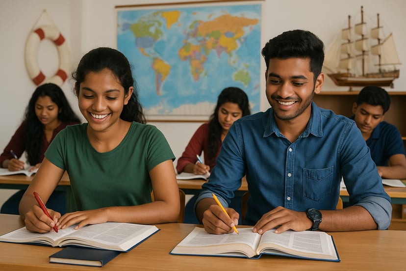 Sri Lankan students writing in their books in a maritime college