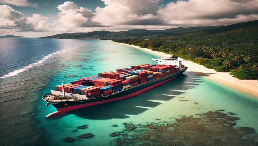 a container ship run aground near a river bank