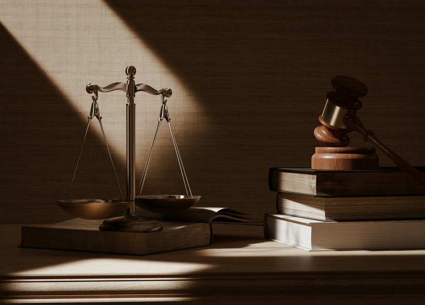 Scales, books and a judge's gavel on a desk