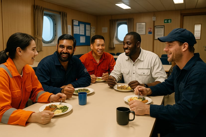 a diverse group of seafarers chatting as they eat dinner in the crew mess