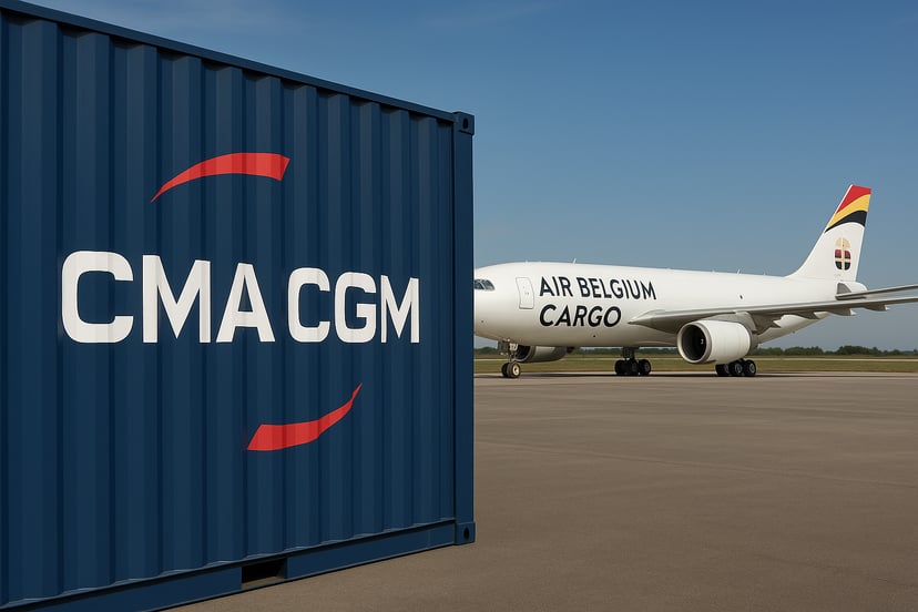 A CMA CGM shipping container and an Air Belgium cargo plane