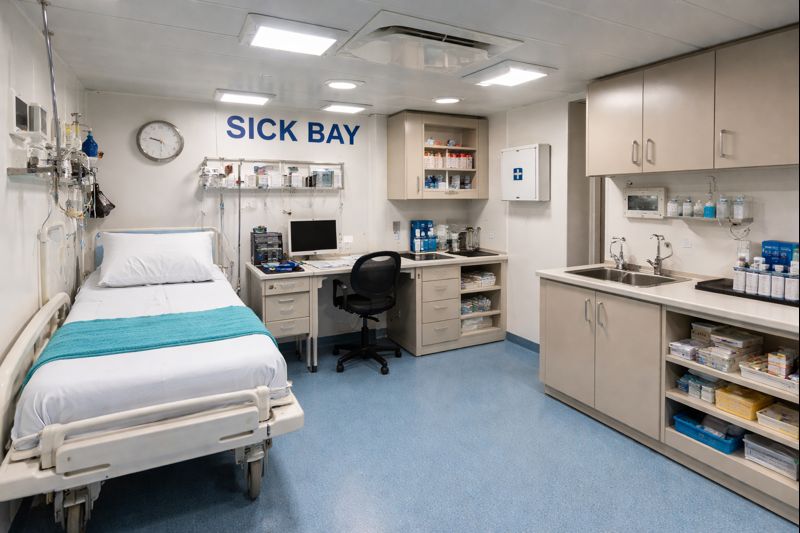 A well equipped and tidy sick bay on a commercial vessel