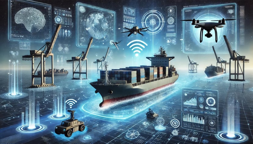 a container ship surrounded by various technologies