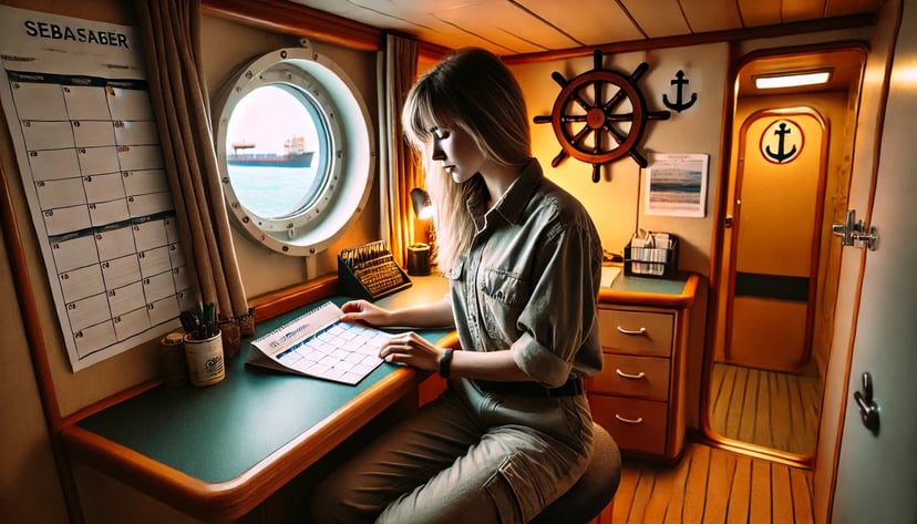 A female seafarer in her cabin looking at a calendar