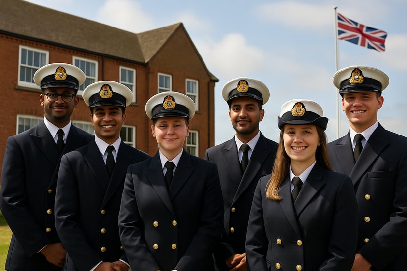 smiling officer cadets in uniform at a maritime college in the UK
