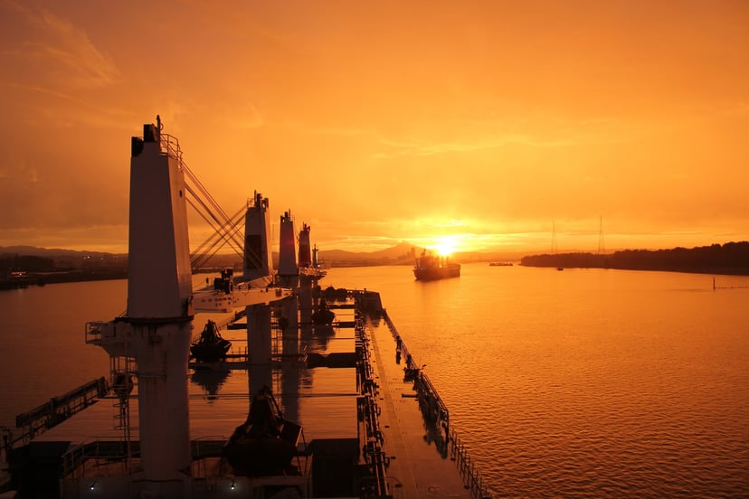 A bulk carrier at sunset