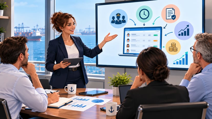 A woman presenting the case for maritime crew management software to her managers