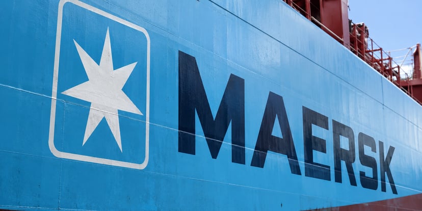 A close-up of the Maersk logo on a ship's hull