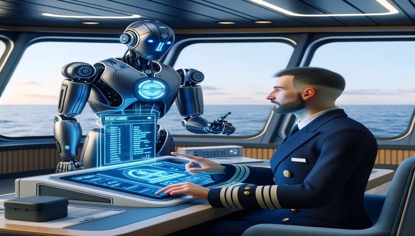 an officer and a robot on the bridge of a ship