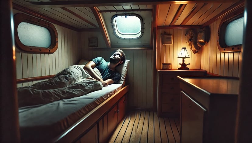 a seafarer lying awake on his bunk and looking through a skylight in daylight