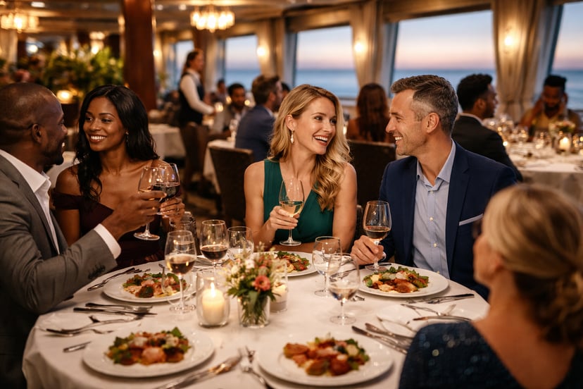 guests dining in an upscale restaurant on a cruise ship