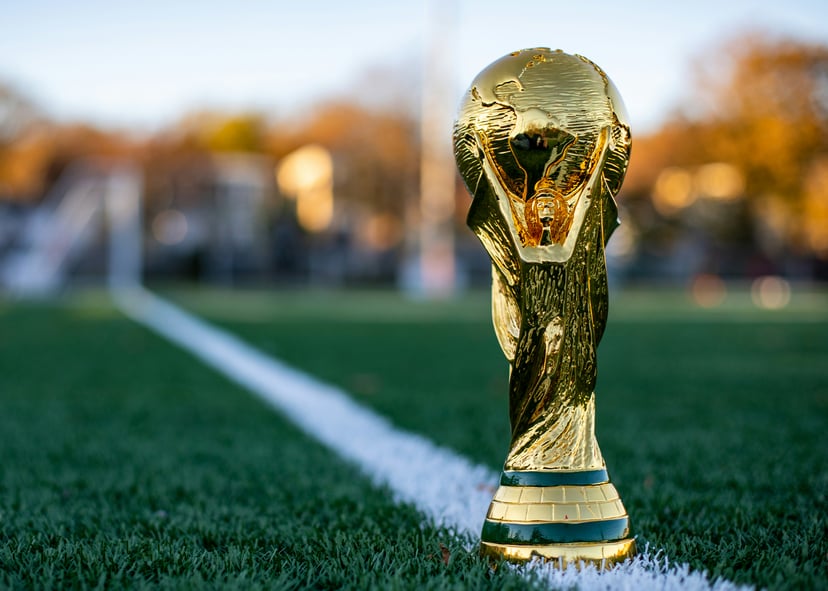 The World Cup trophy on a soccer pitch