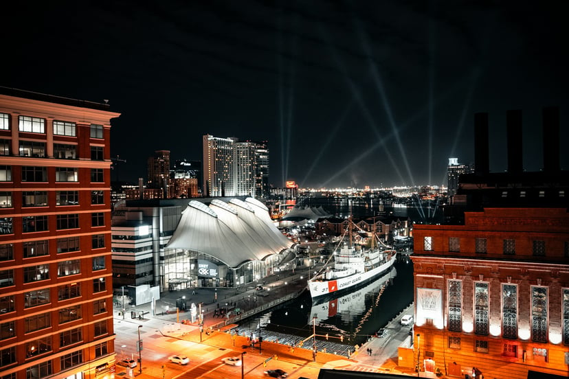 Baltimore harbor at night