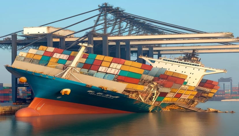 A crane falling onto a container ship while it's in port