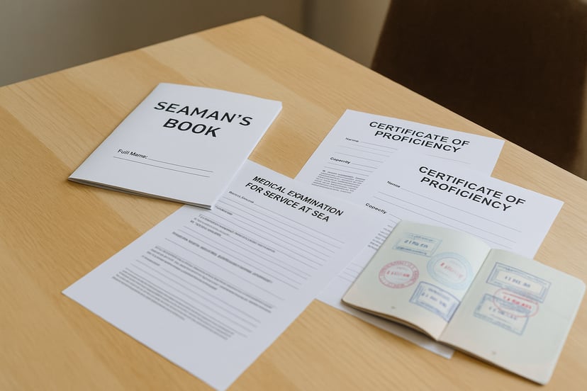 seafarer documents and a passport on a wooden desk