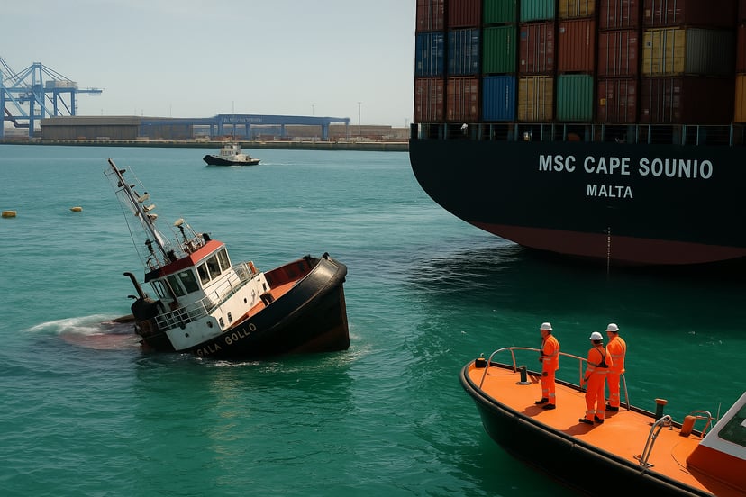 A tugboat sinking after colliding with the MSC Cape Sounio