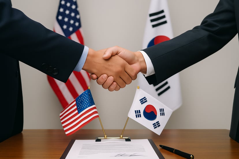 Two hands shaking in front of the flags of South Korea ad the USA