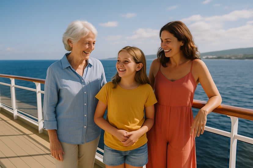 A grandmother, mother and young girl enjoying a cruise holiday together