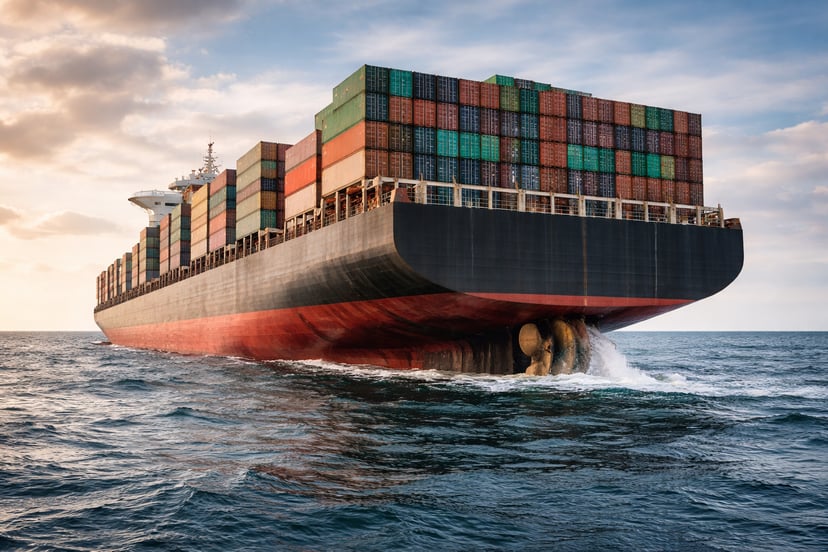 a container ship sitting too high in the water with it propeller partially exposed