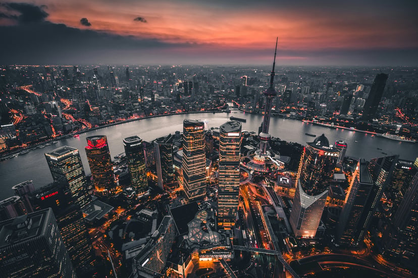 A shot across the rooftops and skyscrapers in Shanghai at sunset