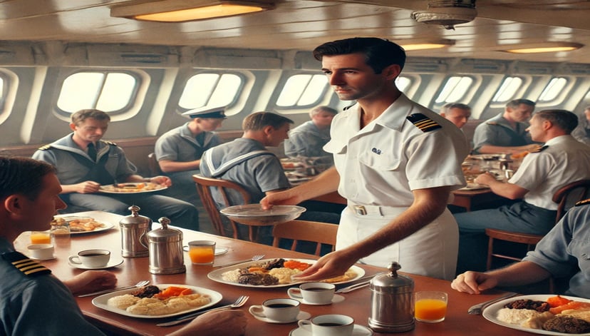 a messman serving food to fellow seafarers onboard a ship
