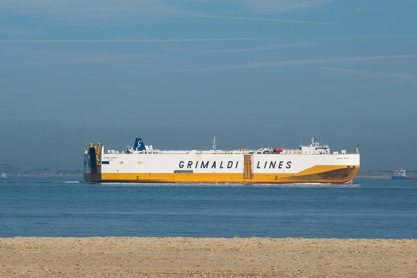 A Grimaldi Lines car carrier at sea