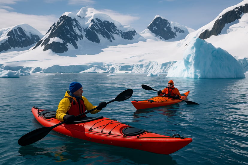 two people kayaking in icy waters, surrounded by snowy peaks