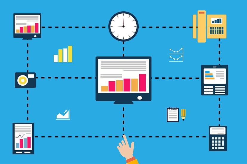 a computer, phone and other icons in an automated process