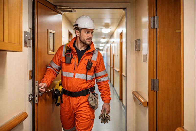 A man working in a seafarer job in the accommodation area on a ship