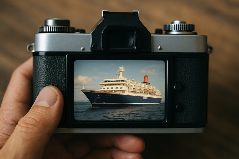 A photo of the Nippon Maru cruise ship as seen on the screen of a camera