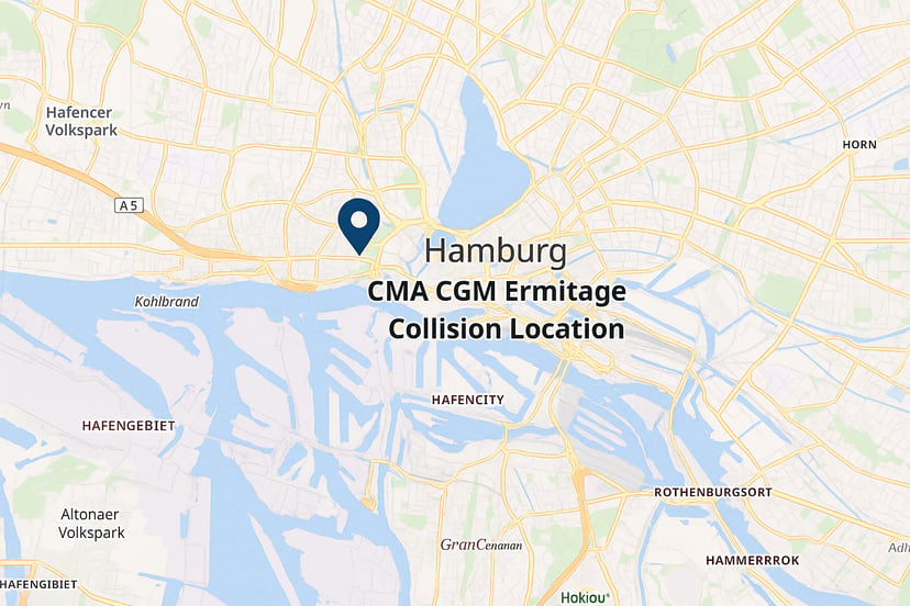 A map of Hamburg showing where the CMA CGM Ermitage hit the quay wall