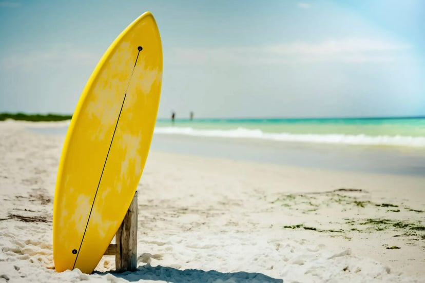 A yellow surfboard stuck upright in a sandy beach
