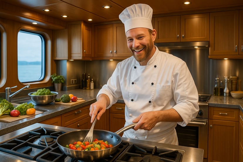 a smiling man working as a Chef on a super yacht