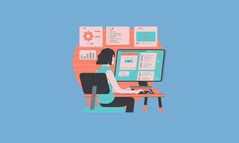 a woman using a software program while surrounded by charts and graphs