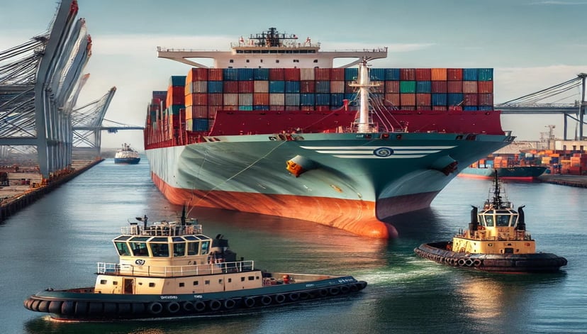 a container ship being towed into port by two tugboats 