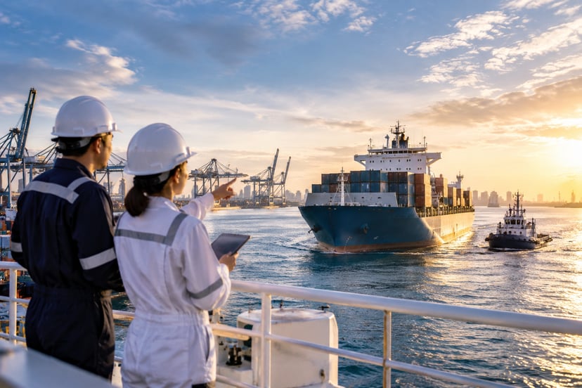 two seafarers on a dock pointing at a container ship and tugboat as they sail towards them