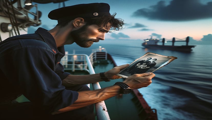 a homesick man working in a job at sea, looking at a family photo