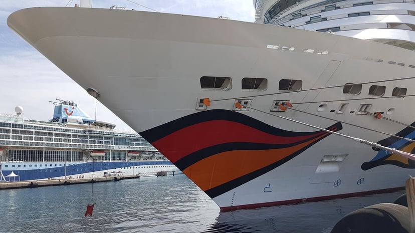 The bow of an AIDA cruise ship showing its painted lips design