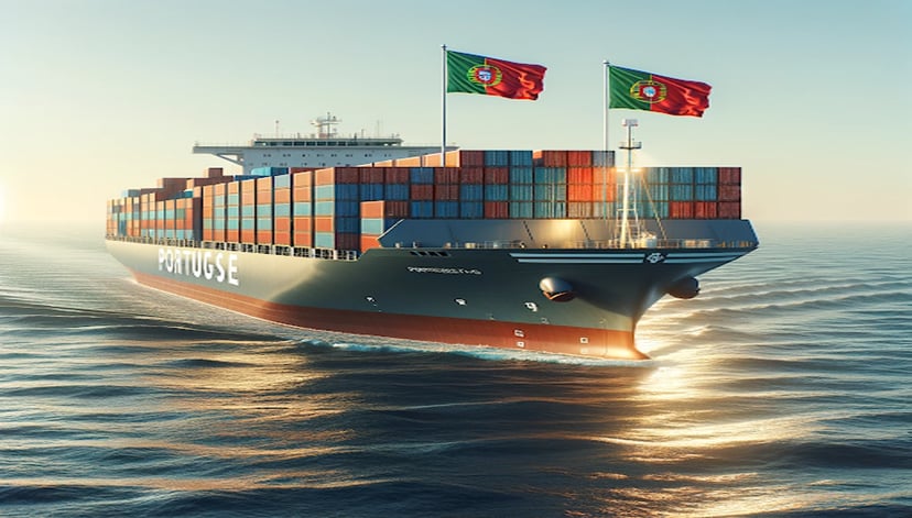 a container ships flying Portuguese flags
