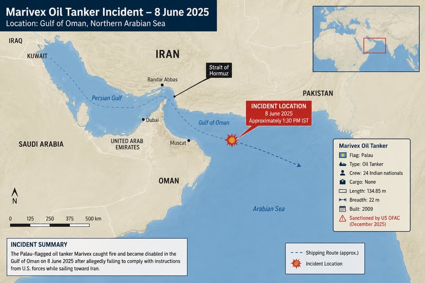 A map of the Middle East showing where the incident involving the Marivax vessel took place