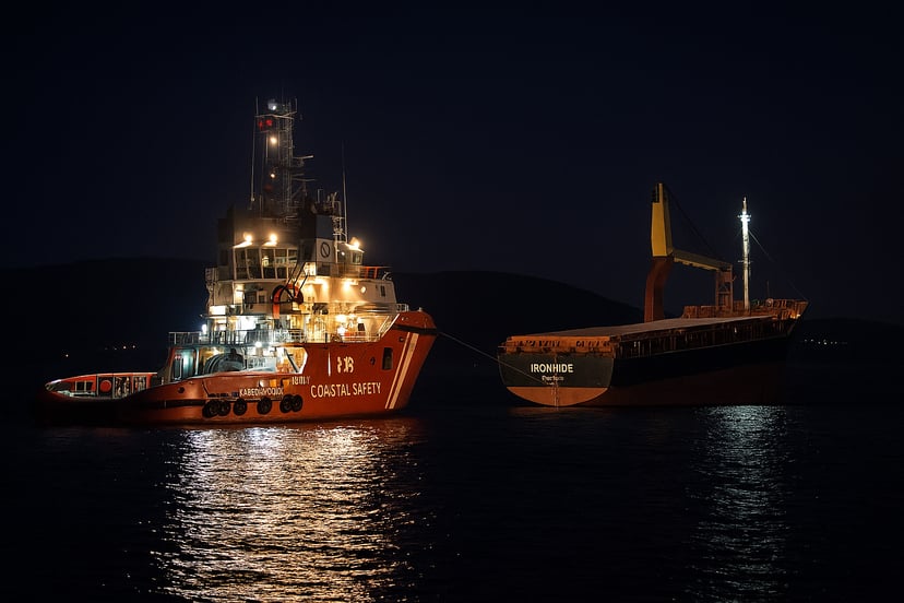 A tugboat coming to the aid of a cargo ship at night