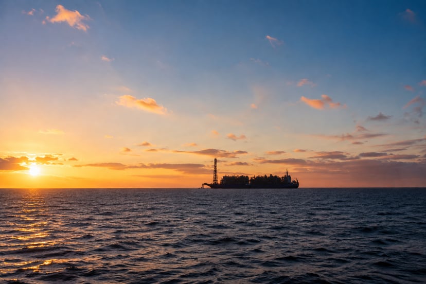 Silhouette of a floating LNG project on the horizon at sunset