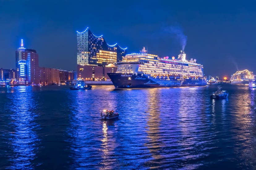 Tui's cruise ship, Mein Schiff 4 in Hamburg Port at night